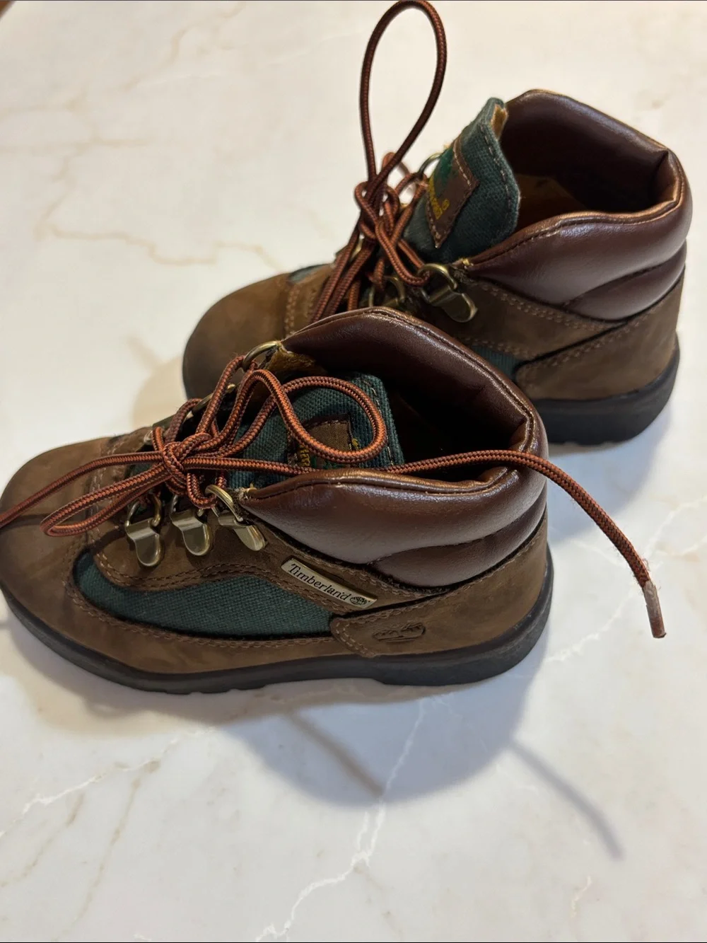 Timberland Kids Brown Leather Boots with Green Panels Size 8 Toddler